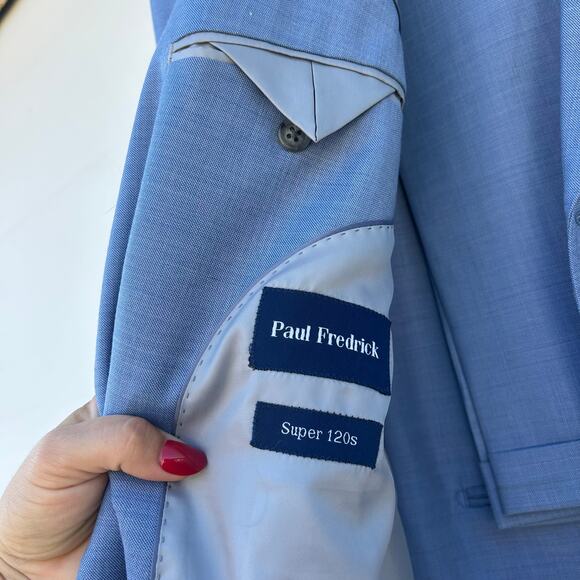 Paul Fredrick Wool Stretch Bengaline Suit Super 120s Jacket Classic Sky Blue 48R - Picture 6 of 13